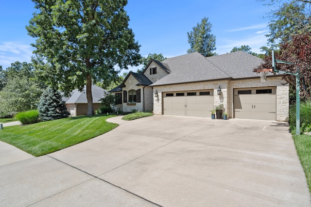 5809 Morning Star Ct, Columbia, MO 65203 - french provincial home featuring a garage, concrete driveway, a front yard, and stone siding
