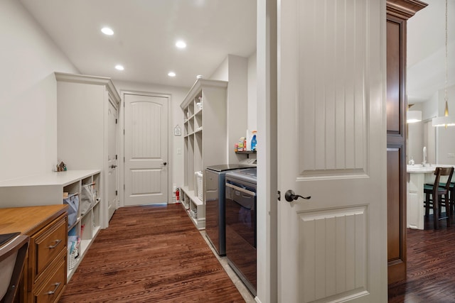 5809 Morning Star Ct, Columbia, MO 65203 - kitchen with independent washer and dryer, dark wood finished floors, and recessed lighting