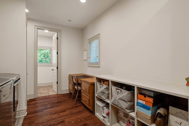 5809 Morning Star Ct, Columbia, MO 65203 - laundry room with washer and dryer, dark wood-style floors, and recessed lighting