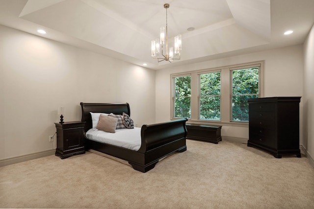 5809 Morning Star Ct, Columbia, MO 65203 - bedroom with a tray ceiling, light colored carpet, a chandelier, and recessed lighting