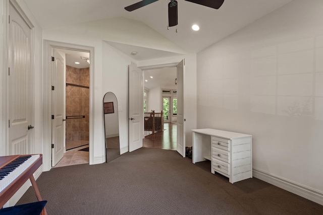 5809 Morning Star Ct, Columbia, MO 65203 - bedroom featuring vaulted ceiling, dark carpet, recessed lighting, ensuite bath, and ceiling fan