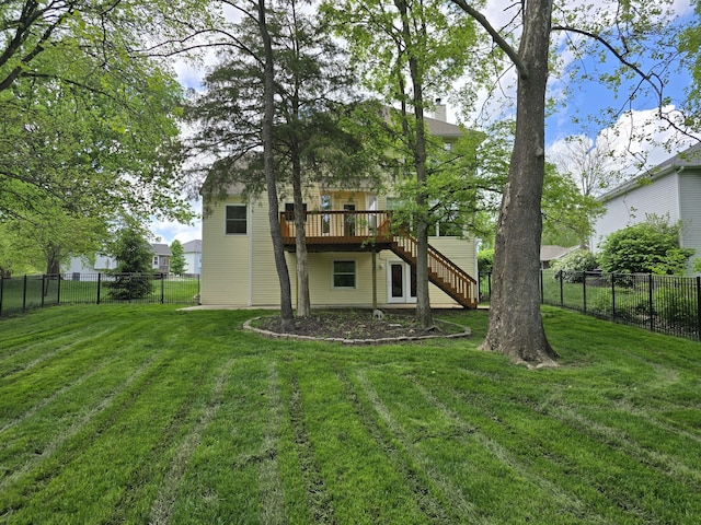 3109 Appalachian Dr, Columbia, MO 65203 - rear view of house featuring stairs, a wooden deck, a fenced backyard, and a chimney