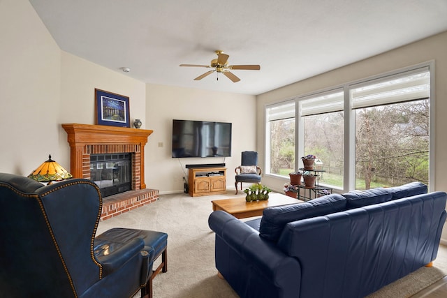 3109 Appalachian Dr, Columbia, MO 65203 - carpeted living room featuring ceiling fan and a brick fireplace