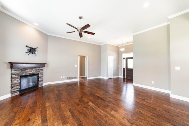1915 Muirfield Dr, Columbia, MO 65203 - unfurnished living room with a ceiling fan, wood finished floors, a fireplace, recessed lighting, and ornamental molding