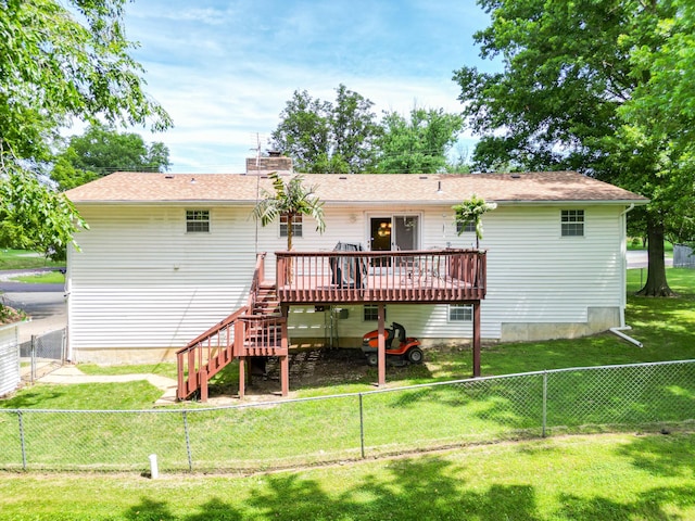 6002 E Molly Ln, Columbia, MO 65202 - back of property featuring a wooden deck, stairway, a fenced backyard, and a chimney