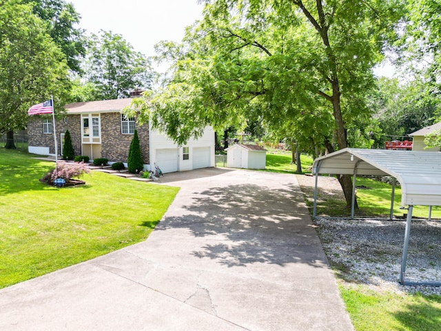 6002 E Molly Ln, Columbia, MO 65202 - view of front facade featuring a storage shed, driveway, a front yard, stone siding, and a garage
