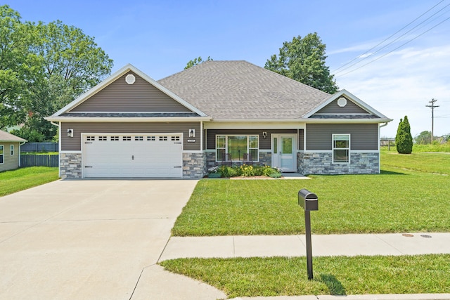 15409 Allegiance Ave, Ashland, MO 65010 - craftsman-style house featuring stone siding, a garage, a front yard, and concrete driveway