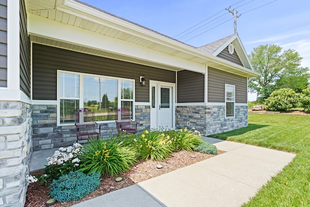 15409 Allegiance Ave, Ashland, MO 65010 - entrance to property featuring stone siding, a yard, and covered porch