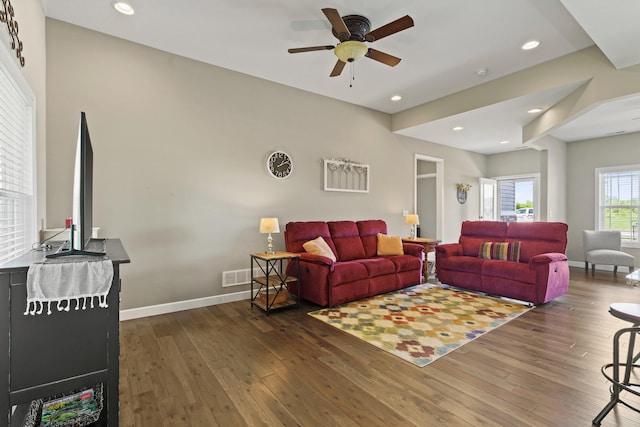 15409 Allegiance Ave, Ashland, MO 65010 - living room featuring hardwood / wood-style flooring, ceiling fan, and recessed lighting