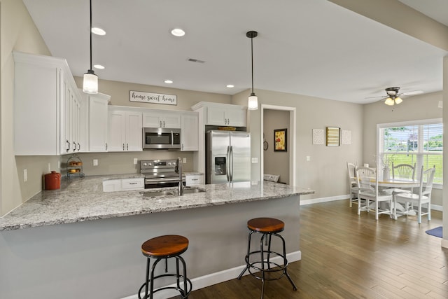 15409 Allegiance Ave, Ashland, MO 65010 - kitchen featuring appliances with stainless steel finishes, a peninsula, white cabinets, dark wood finished floors, and recessed lighting