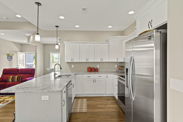 15409 Allegiance Ave, Ashland, MO 65010 - kitchen with appliances with stainless steel finishes, wood finished floors, white cabinets, recessed lighting, and a peninsula