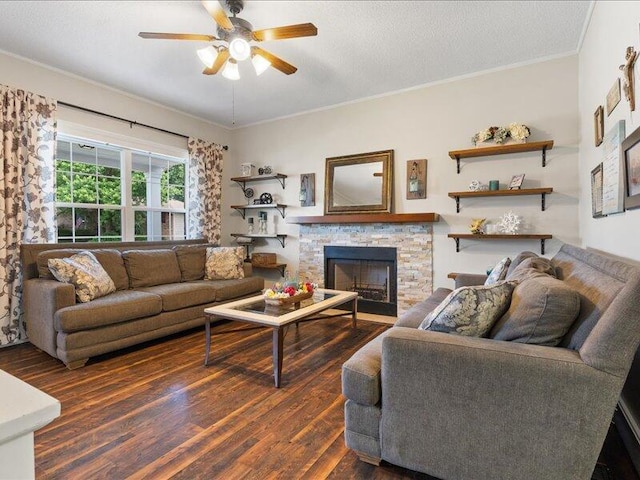 205 Johnson Ct, Ashland, MO 65010 - living room featuring wood finished floors, a ceiling fan, a stone fireplace, and ornamental molding