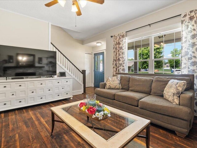 205 Johnson Ct, Ashland, MO 65010 - living area with stairway, dark wood-style flooring, crown molding, and ceiling fan