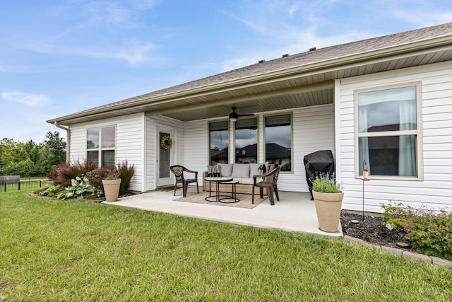 3515 Goldenwood Dr, Columbia, MO 65202 - rear view of house featuring an outdoor living space, a patio, and a lawn