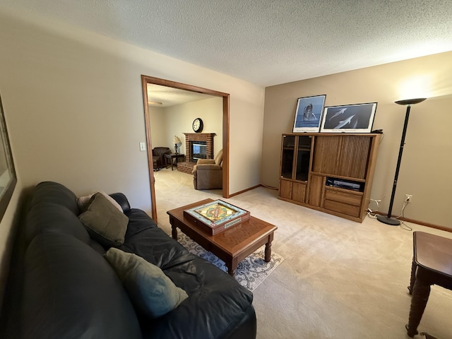 4413 Shoram Ct, Columbia, MO 65203 - living area featuring light colored carpet, a brick fireplace, and a textured ceiling