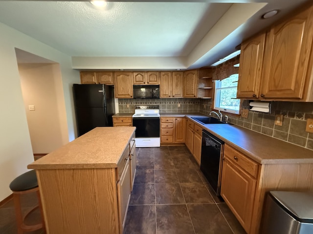 4413 Shoram Ct, Columbia, MO 65203 - kitchen featuring black appliances, backsplash, a center island, and open shelves