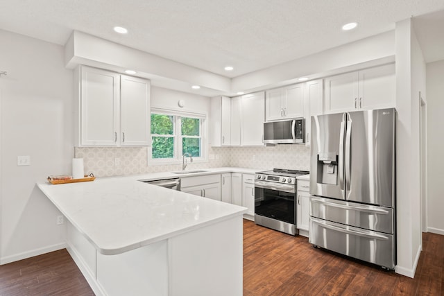 3348 S Old Ridge Rd, Columbia, MO 65203 - kitchen featuring stainless steel appliances, a peninsula, dark wood-style flooring, backsplash, and white cabinetry