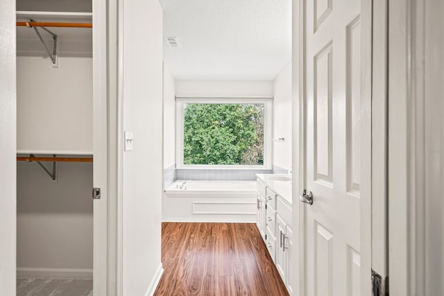 3348 S Old Ridge Rd, Columbia, MO 65203 - bathroom with wood finished floors, a bath, vanity, and a walk in closet