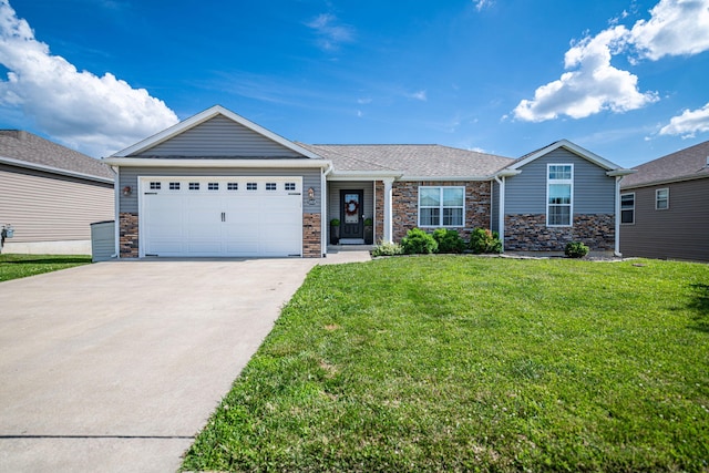 5808 Islip Dr, Columbia, MO 65201 - ranch-style house with concrete driveway, an attached garage, a front lawn, and stone siding