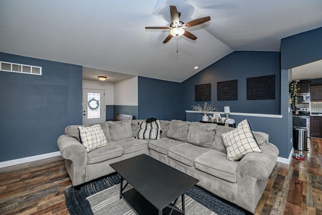 5808 Islip Dr, Columbia, MO 65201 - living room featuring a ceiling fan, dark wood finished floors, and lofted ceiling