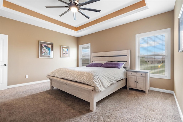 6406 Crooked Switch Ct, Columbia, MO 65201 - bedroom featuring light carpet, a raised ceiling, and ceiling fan