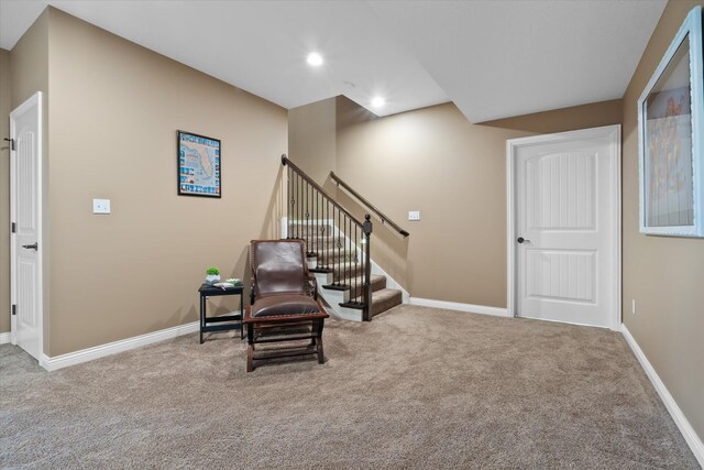 6406 Crooked Switch Ct, Columbia, MO 65201 - sitting room with carpet flooring, stairs, and recessed lighting