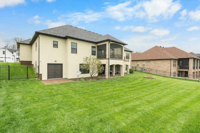 6406 Crooked Switch Ct, Columbia, MO 65201 - rear view of property featuring stucco siding, a fenced backyard, a shingled roof, a patio, and a balcony