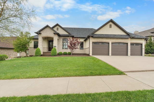 6406 Crooked Switch Ct, Columbia, MO 65201 - french country style house featuring a garage, stone siding, a front lawn, stucco siding, and concrete driveway