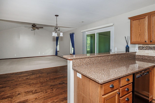 9855 N Route E, Harrisburg, MO 65256 - kitchen with dishwasher, a peninsula, stone countertops, and brown cabinetry