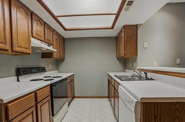 122 W Green Meadows Rd, Columbia, MO 65203 - kitchen featuring electric stove, under cabinet range hood, white dishwasher, light floors, and light countertops