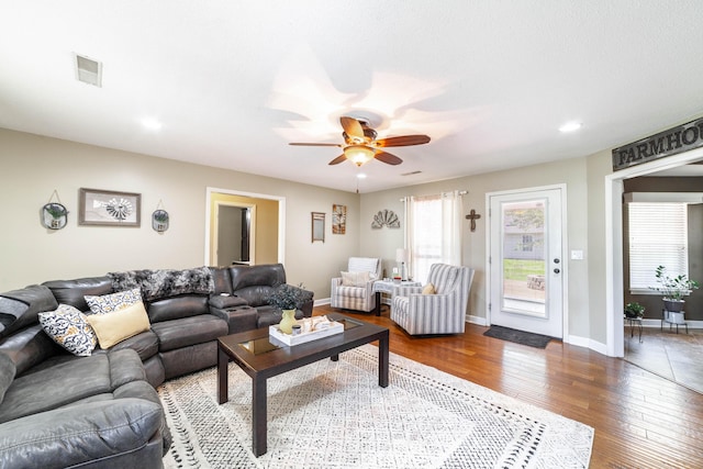 605 Teakwood Ct, Ashland, MO 65010 - living room featuring hardwood / wood-style flooring, healthy amount of natural light, a ceiling fan, and recessed lighting