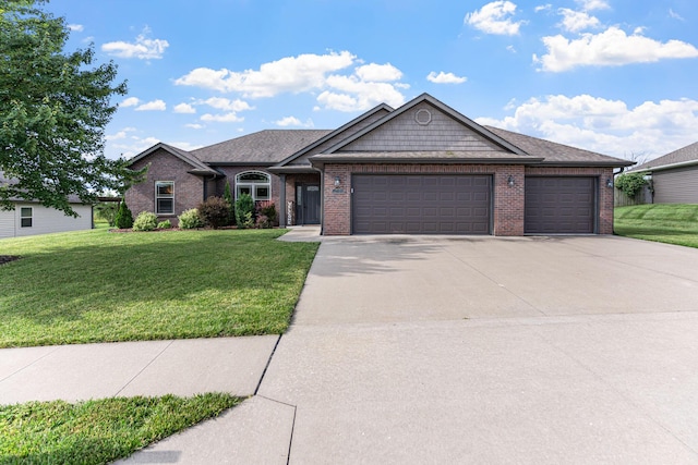6655 American Setter Dr, Ashland, MO 65010 - single story home with an attached garage, brick siding, a front lawn, driveway, and a shingled roof