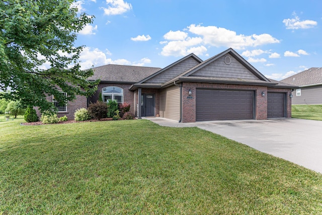 6655 American Setter Dr, Ashland, MO 65010 - view of front of home with brick siding, an attached garage, a front yard, and concrete driveway