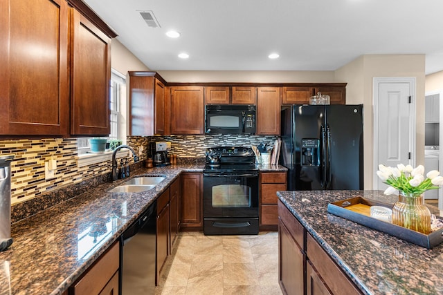 6655 American Setter Dr, Ashland, MO 65010 - kitchen featuring black appliances, tasteful backsplash, dark stone counters, and recessed lighting