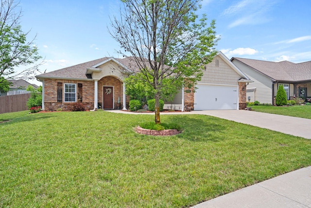 6003 Misty Springs Way, Columbia, MO 65202 - ranch-style house featuring brick siding, an attached garage, concrete driveway, and roof with shingles