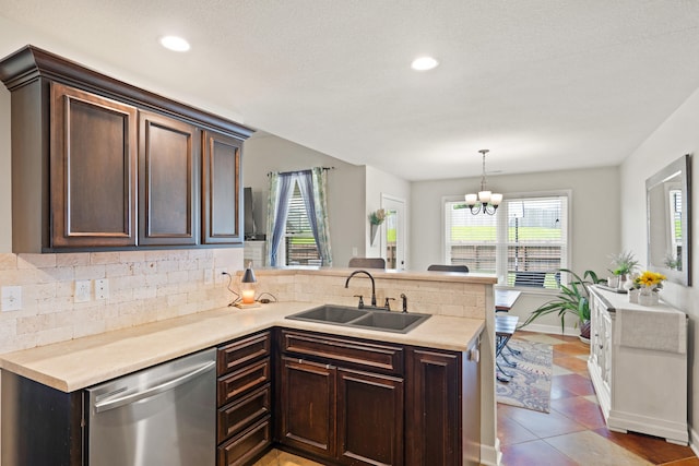 6003 Misty Springs Way, Columbia, MO 65202 - kitchen featuring dishwasher, a peninsula, backsplash, dark brown cabinetry, and recessed lighting