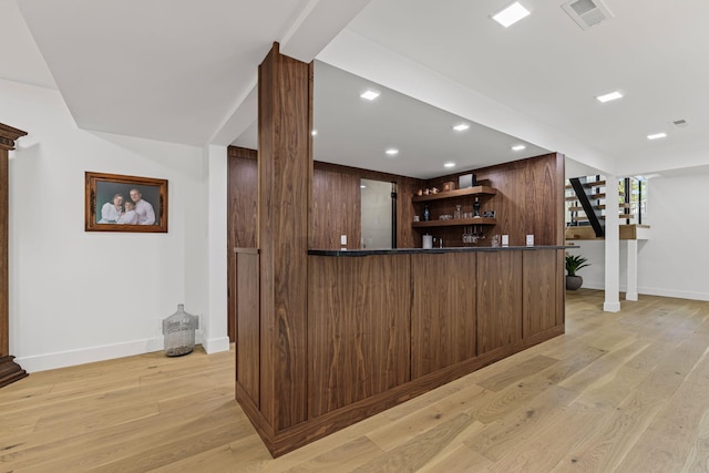 1805 Woodrail Ave, Columbia, MO 65203 - indoor wet bar featuring light wood-style flooring, stairs, and recessed lighting