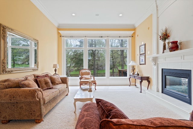 4902 Cochero Ct, Columbia, MO 65203 - carpeted living area with crown molding and a fireplace