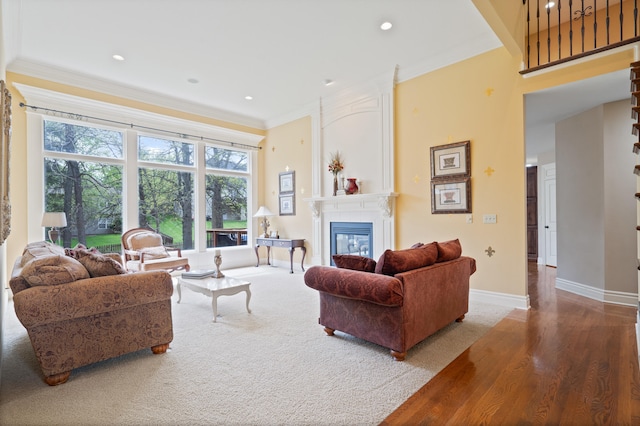 4902 Cochero Ct, Columbia, MO 65203 - living room featuring a fireplace, ornamental molding, wood finished floors, and recessed lighting