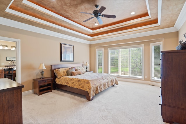 4902 Cochero Ct, Columbia, MO 65203 - bedroom with a raised ceiling, light colored carpet, ornamental molding, ceiling fan, and recessed lighting