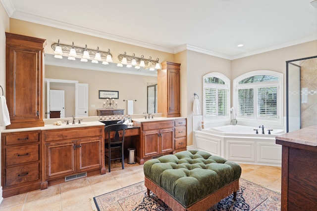 4902 Cochero Ct, Columbia, MO 65203 - full bathroom with vanity, a bath, a shower stall, crown molding, and tile patterned flooring