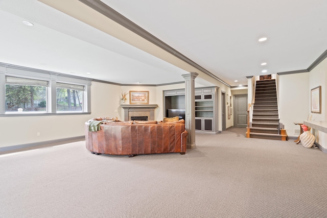 4902 Cochero Ct, Columbia, MO 65203 - living room featuring ornamental molding, carpet floors, a fireplace, recessed lighting, and stairway