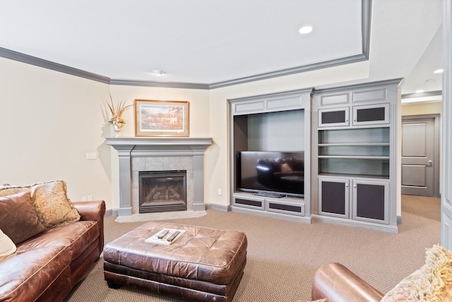 4902 Cochero Ct, Columbia, MO 65203 - carpeted living area with crown molding, a tiled fireplace, and recessed lighting