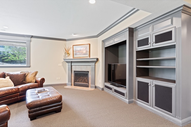 4902 Cochero Ct, Columbia, MO 65203 - carpeted living room featuring a tiled fireplace and crown molding