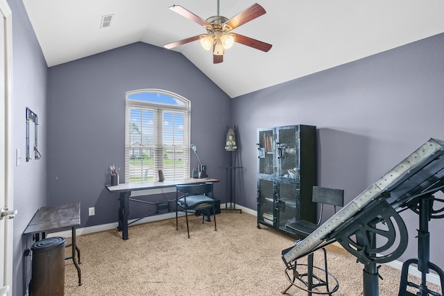 3509 Tuscany, Columbia, MO 65202 - office area featuring a ceiling fan, carpet, and vaulted ceiling