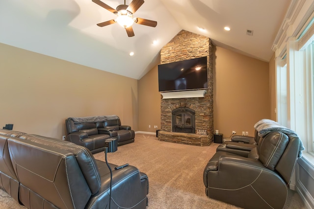 315 W Proctor St, Sturgeon, MO 65284 - living room with ceiling fan, lofted ceiling, carpet flooring, a stone fireplace, and recessed lighting