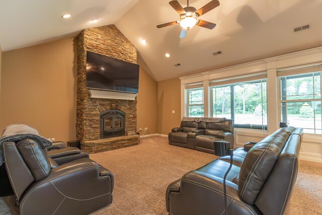 315 W Proctor St, Sturgeon, MO 65284 - living room with carpet, ceiling fan, recessed lighting, a fireplace, and high vaulted ceiling