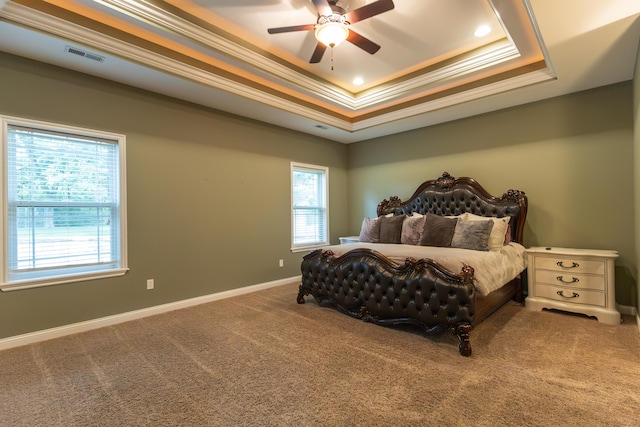 315 W Proctor St, Sturgeon, MO 65284 - carpeted bedroom featuring a raised ceiling, ornamental molding, a ceiling fan, and recessed lighting