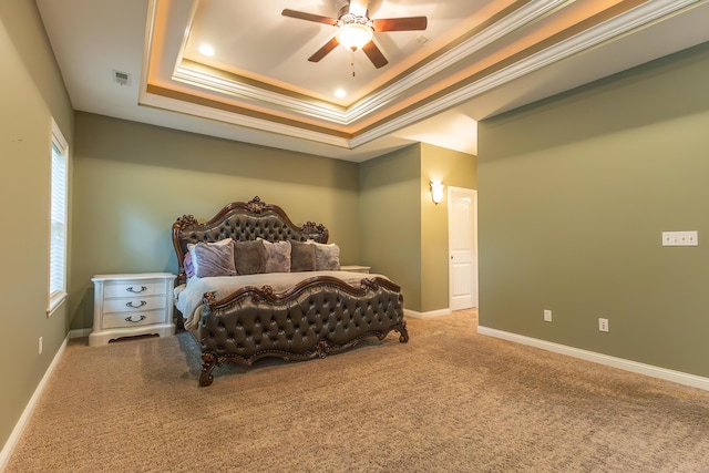315 W Proctor St, Sturgeon, MO 65284 - bedroom featuring a raised ceiling, carpet flooring, ornamental molding, and a ceiling fan
