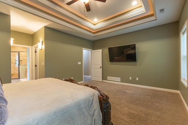 315 W Proctor St, Sturgeon, MO 65284 - bedroom with a raised ceiling, crown molding, carpet flooring, a ceiling fan, and ensuite bath